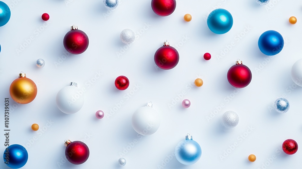 Poster minimalist christmas pattern with colorful baubles arranged on a snowy white background creating a c