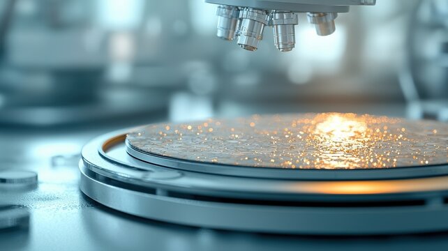 material science ceramics concept. A close-up view of a microscope lens focusing on a glass slide covered in droplets, set in a laboratory environment.