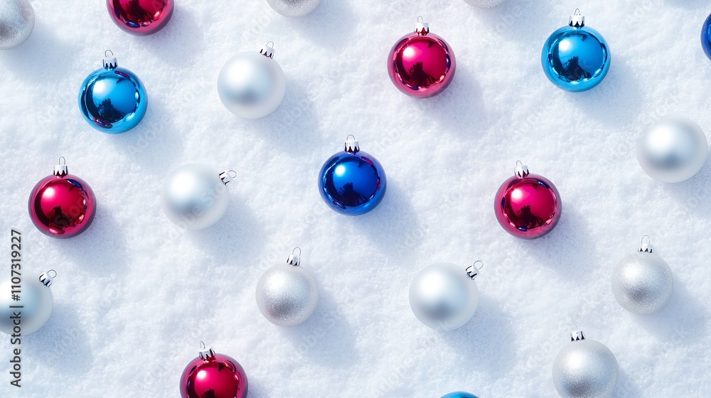 Poster minimalist christmas pattern with colorful baubles arranged on a snowy white background creating a c