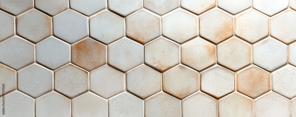 Poster material science ceramics concept. a close-up view of hexagonal tiles with a mix of light colors and
