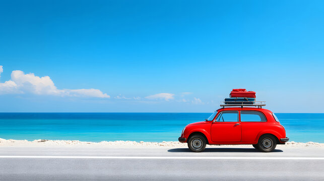 A Classic Red Car Ready for an Adventurous Road Trip Along the Stunning Coastal Highway Under a Bright Blue Sky and Sparkling Ocean