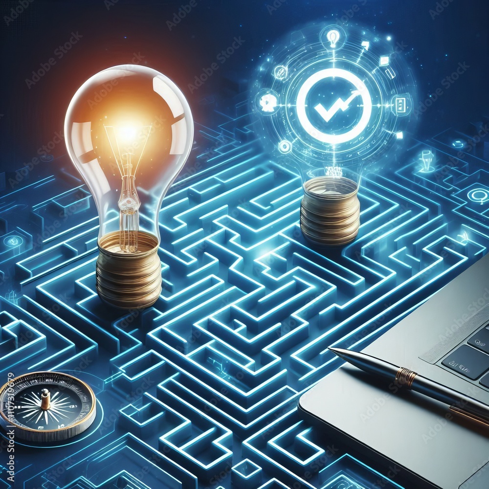 Poster decision making with maze and lightbulb icons