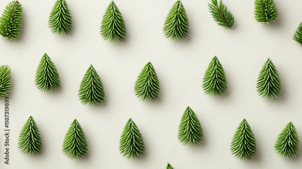 Poster trendy christmas trees scattered across a pastel cream background creating a minimal and modern fest