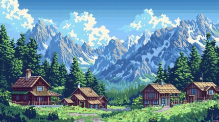 Fototapeta premium Alpine Village Serenity: Picturesque village nestled amidst towering snow-capped mountains under a vibrant blue sky. Charming wooden houses dot the landscape.