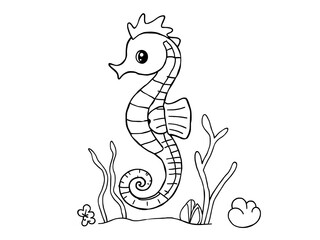 Adorable Hand-Drawn Seahorse Illustration: Ocean Scene Coloring Page. AI Generated