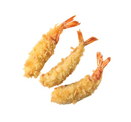 Golden Crispy Tempura Shrimp: Three pieces of perfectly fried tempura shrimp, coated in a golden, crispy batter, served hot and ready to eat.  Cut out.