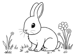 Fototapeta premium Adorable Hand-Drawn Bunny in Spring Meadow Coloring Page. AI Generated