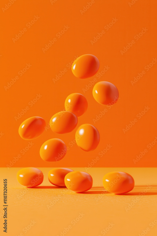 Aufkleber Dynamic Visual Representation of Floating Oranges Against a Bold Monochromatic Background in Contemporary Minimalist Style