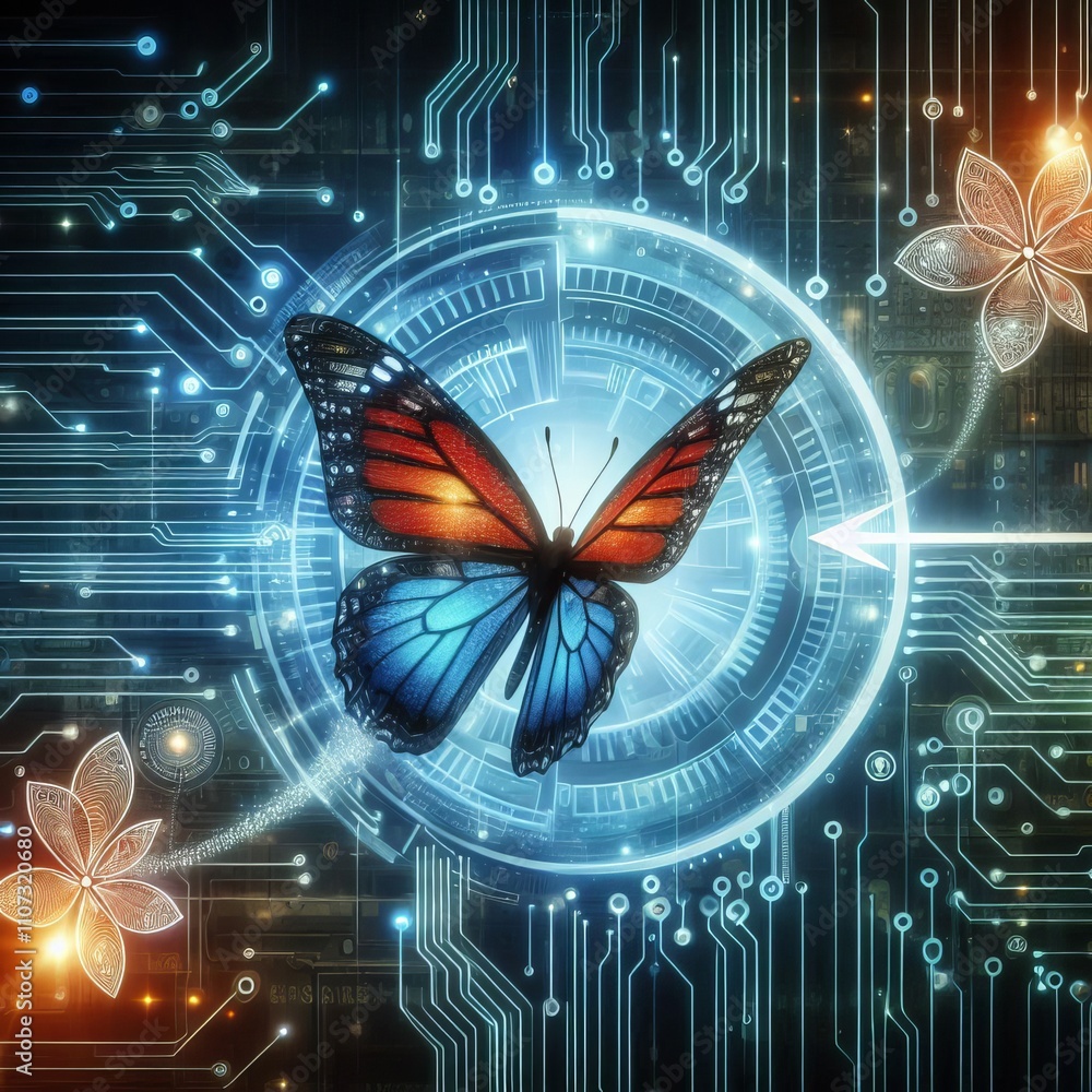Poster digital transformation with butterfly and circuit icons