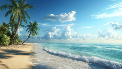 Fototapeta premium Serene coastal paradise at dawn with gentle waves and swaying palm trees reflecting tranquility and beauty
