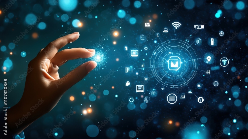 Poster hand interacting with digital network technology interface