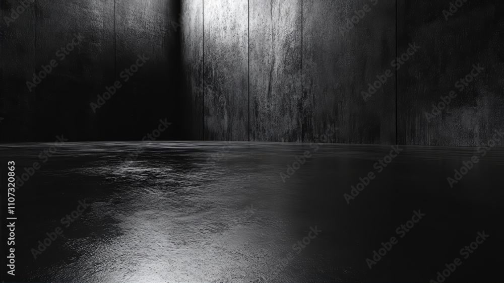 Poster exploring a clean, plain black space with smooth surfaces that evoke a sense of depth and tranquilit