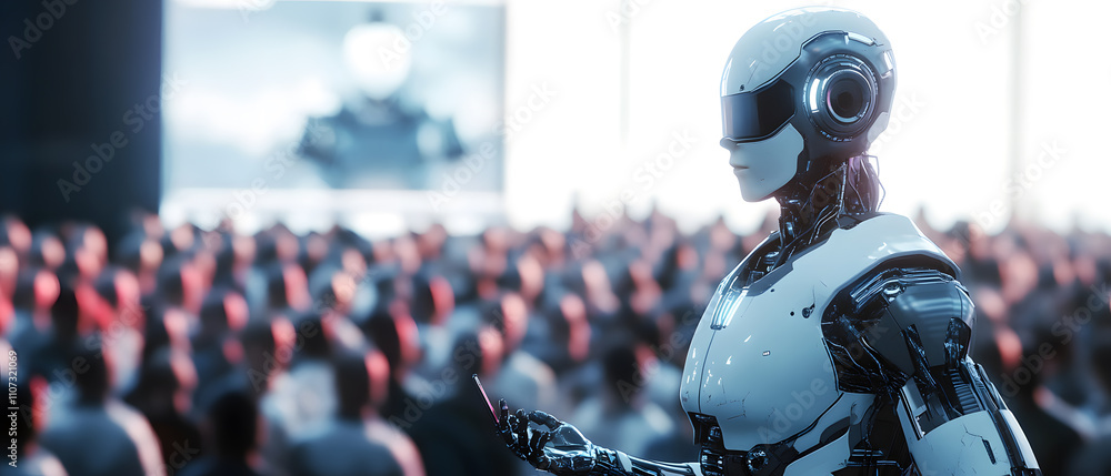 Poster advanced robot addressing a large crowd at a futuristic conference