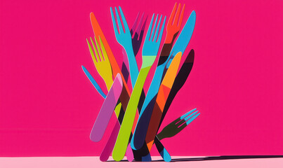 Vibrant Artistic Composition of Colorful Cutlery Against Bold Pink Background Showcasing Modern Abstract Design