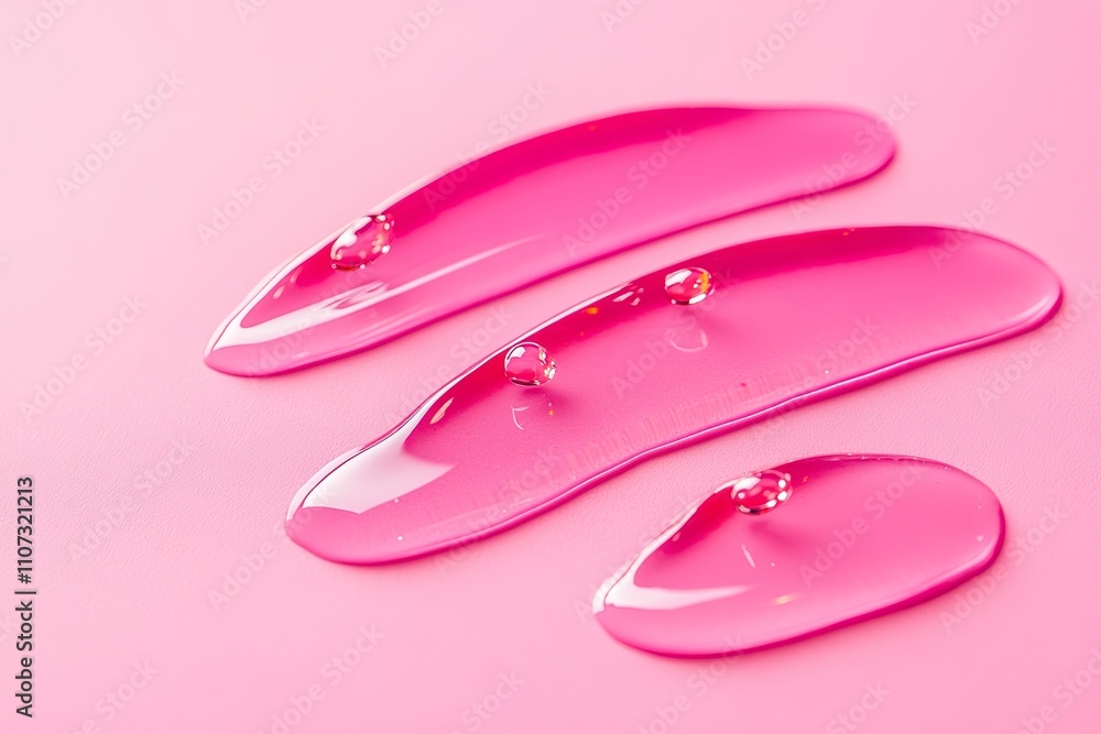 Poster gel-like substances dripped on a vibrant pink surface showcasing unique textures and shapes at close