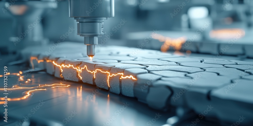Poster material science ceramics concept. a high-tech laser cutting machine processes materials, showcasing