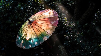 Colorful Japanese paper umbrella in a garden setting.