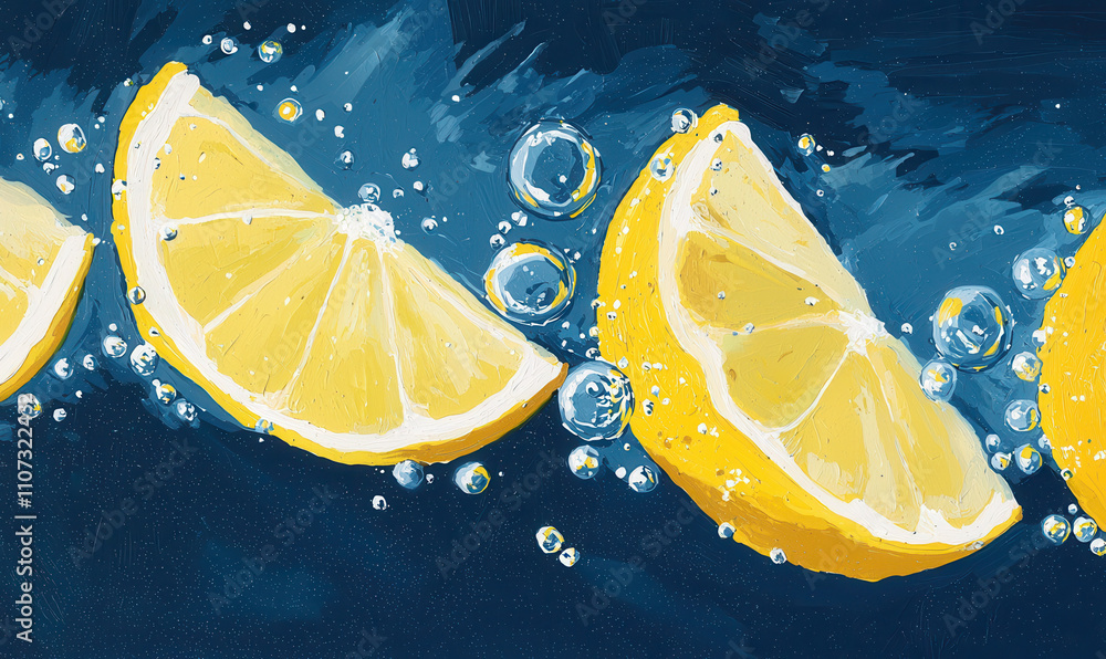 Poster vibrant lemon slices floating in sparkling water: an artistic exploration of refreshing citrus color