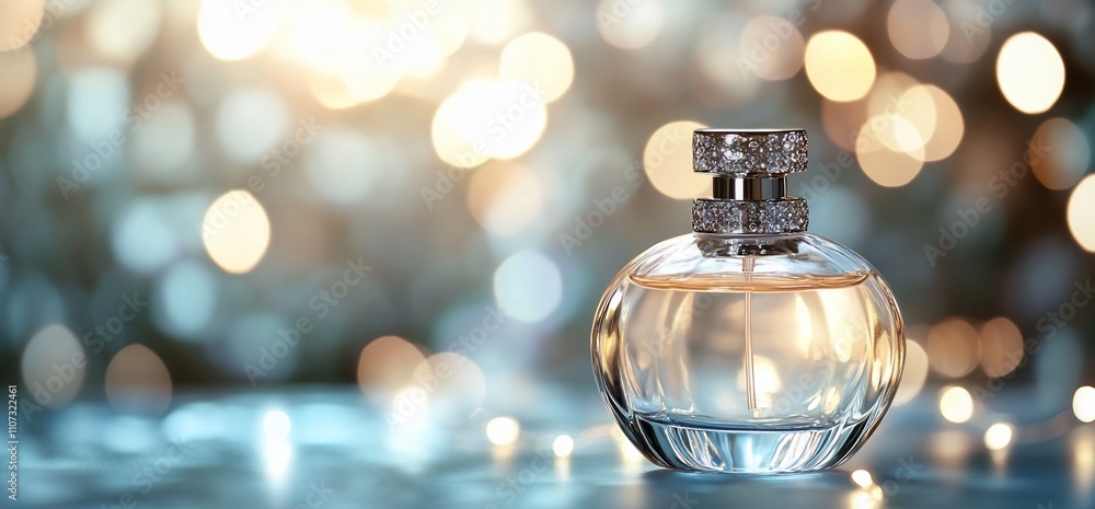 Poster a stylish perfume bottle with a sparkling background.