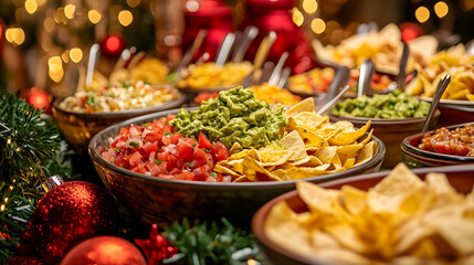 A Festive Table of Mexican Delights: Guacamole, Salsa, and Nachos