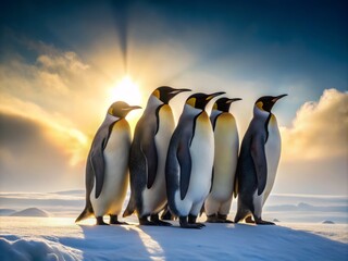 Fototapeta premium Majestic Emperor Penguins in Silhouette Against a Snowy Landscape: A Stunning Winter Scene Captured in Black and White for Wildlife and Nature Lovers