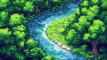 Fototapeta premium Tranquil River Flowing Through Lush Forest: An aerial view of a winding river carving its way through a dense forest, vibrant with shades of green and creating a sense of peace.