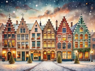 Fototapeta premium Vintage Watercolor Illustrations of Cozy Belgian Houses in Historical City Center, Perfect for Holiday Cards and Posters Featuring Minimalist European Architecture