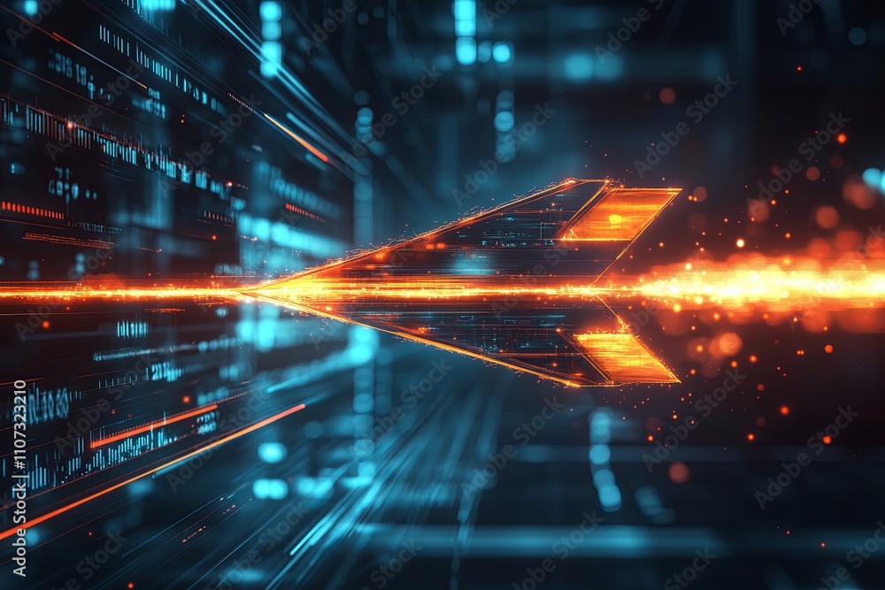 Poster futuristic plane soaring through digital landscape with glowing trails in a high-tech environment. g
