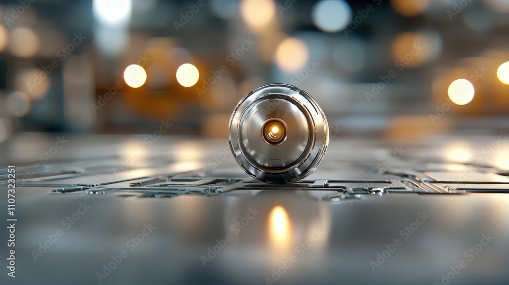 Poster material science ceramics concept. a close-up view of a metallic sphere on a textured surface, illum
