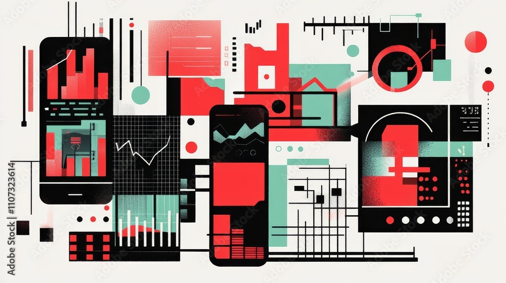 Poster application of smartphone with business graph and analytics data. adaptive ui, ux, kit. futuristic p