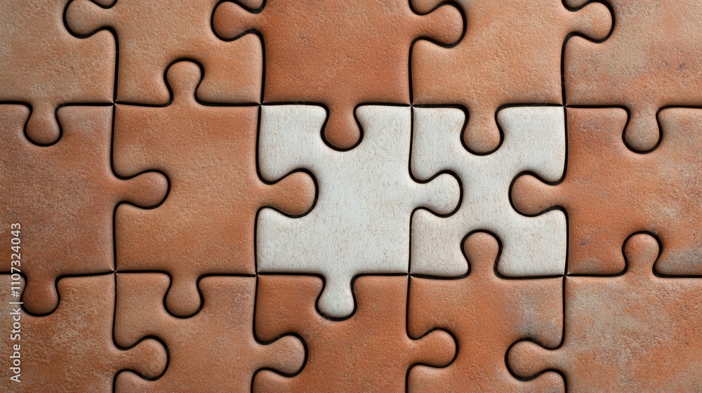 Poster a close-up of a brown puzzle with a missing piece highlighted in white, symbolizing incompleteness a