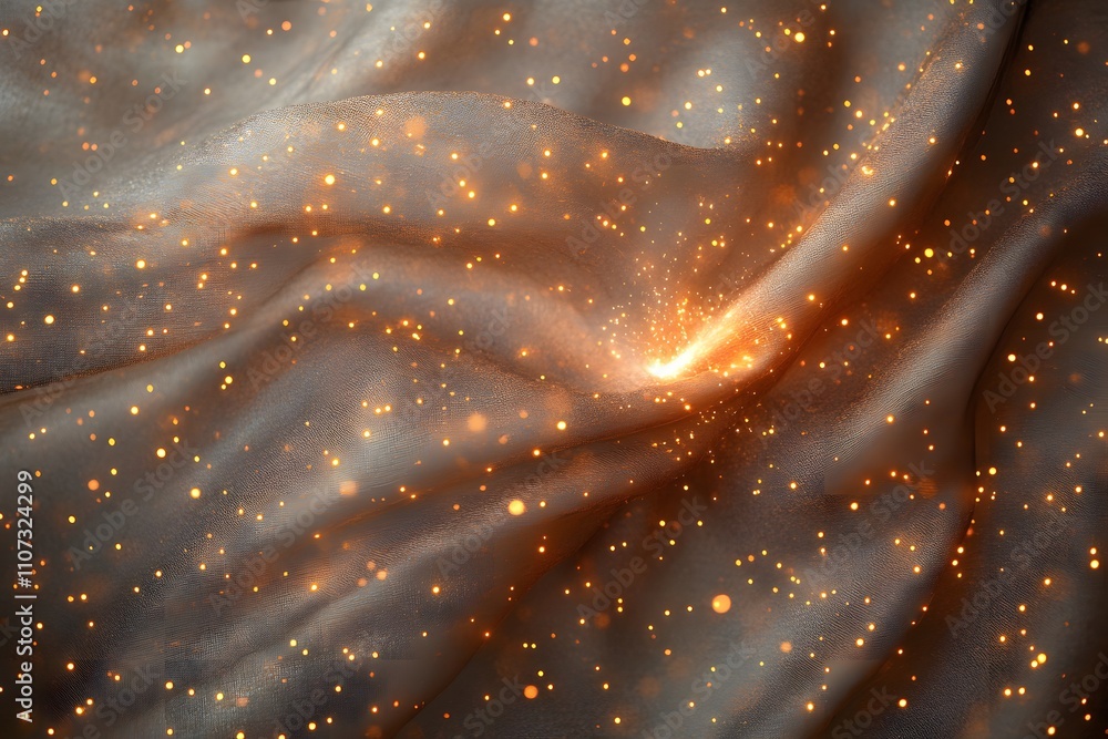 Poster a shimmering fabric with glowing particles, creating a magical and ethereal effect.