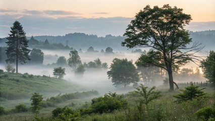 Misty landscape with fir forest in vintage