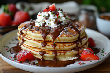 Fluffy pancakes topped with whipped cream and strawberries create a delicious breakfast delight. Generative AI