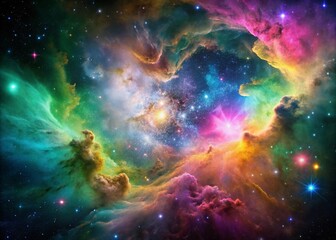 Fototapeta premium Vivid Cosmic Dance: A Stunning High Depth of Field View of a Colorful Nebula Created with Generative AI, Showcasing Ethereal Colors and Stellar Patterns in Deep Space