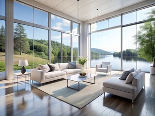 Fototapeta premium Minimalist Modern White Interior with Lake View: A Serene Space Enhanced by Generative AI Technology for Contemporary Living and Design Inspiration
