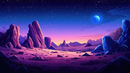 Fototapeta premium A surreal landscape with purple mountains and a bright blue moon in a starry night sky