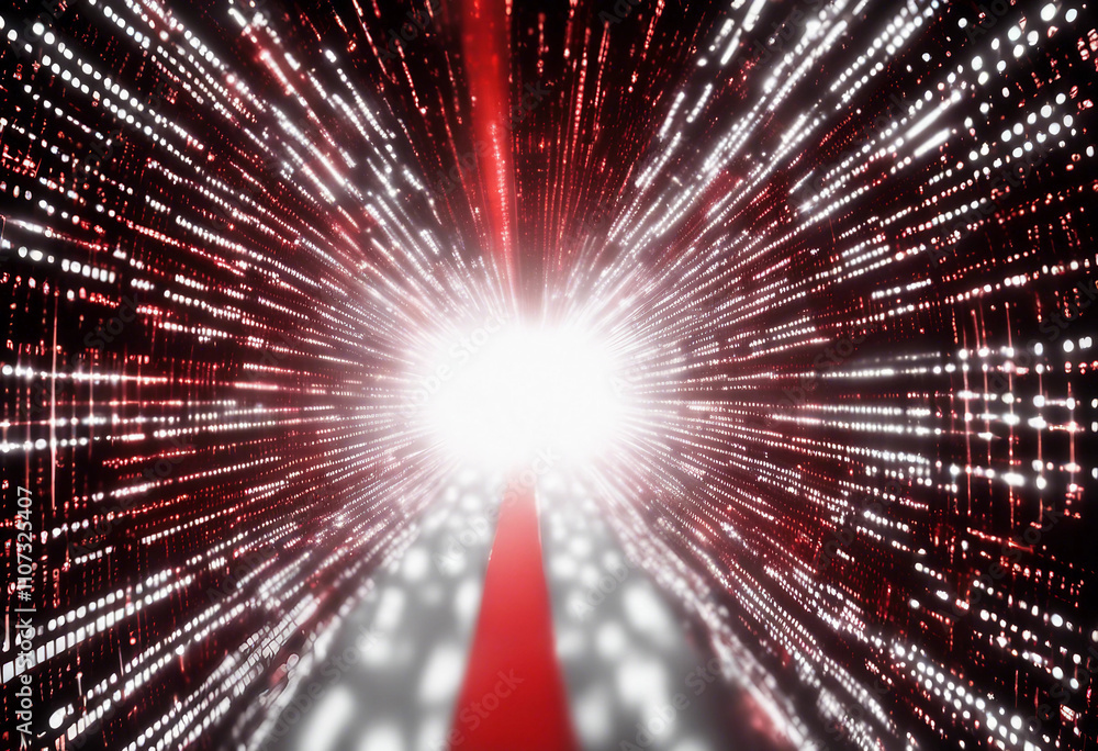 Poster a striking digital tunnel of cascading red binary code converges at a bright center against a black