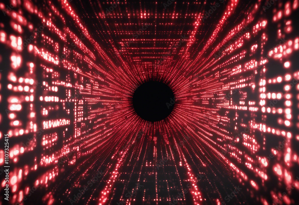 Poster a striking digital tunnel of cascading red binary code converges at a bright center against a black