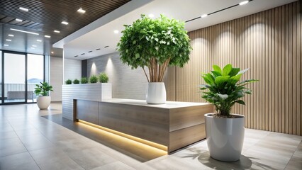 Fototapeta premium Minimalist Reception Area Featuring a Potted Plant on the Edge of a Modern Front Desk, Perfect for Interior Design and Office Decor Inspiration