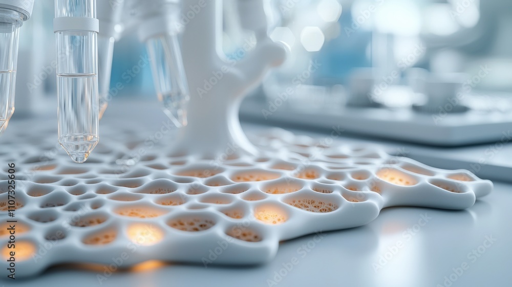 Aufkleber material science ceramics concept. a close-up of a modern lab setup featuring pipettes and a unique,