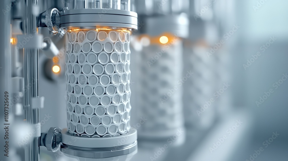 Poster material science ceramics concept. a close-up view of a modern, cylindrical device with a honeycomb 