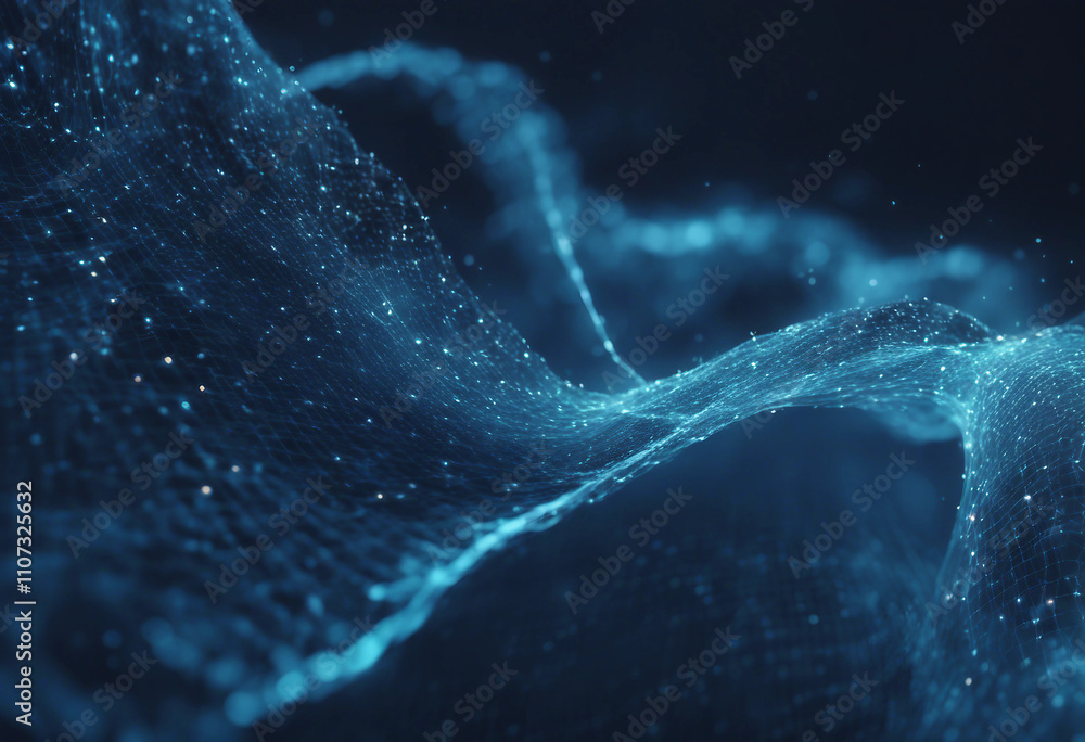 Poster abstract blue plexus wave with glowing dots in motion background 4k