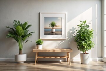 Minimalist Room with White Framed Picture on Wall, Wooden Bench, and Potted Plant - Clean and Natural Home Decor Setting for Interior Design Inspiration