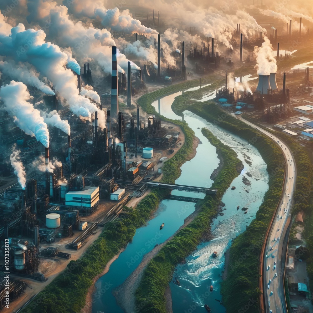 Poster factories polluting a river that flows into a neighboring countr