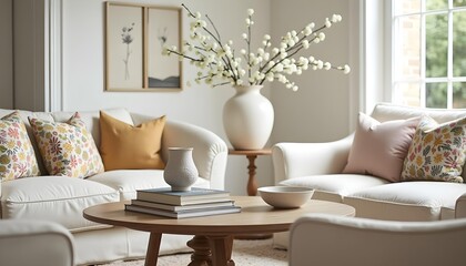 Obraz premium Modern living room interior with sofa wooden table and antique jars