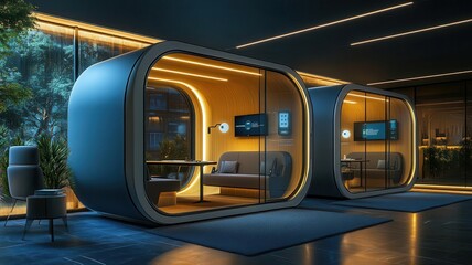 Modern office pod, soundproof design, tech-friendly interior, 3D illustration