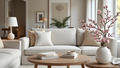 Modern living room interior with sofa wooden table and antique jars