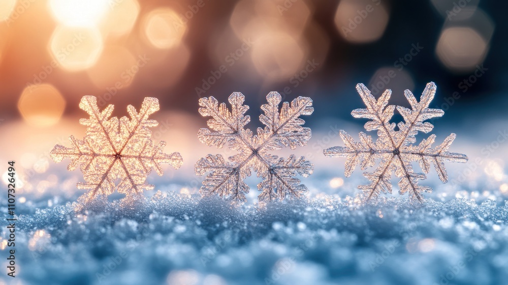 Poster three delicate snowflakes rest on a bed of fresh snow with a bokeh background.