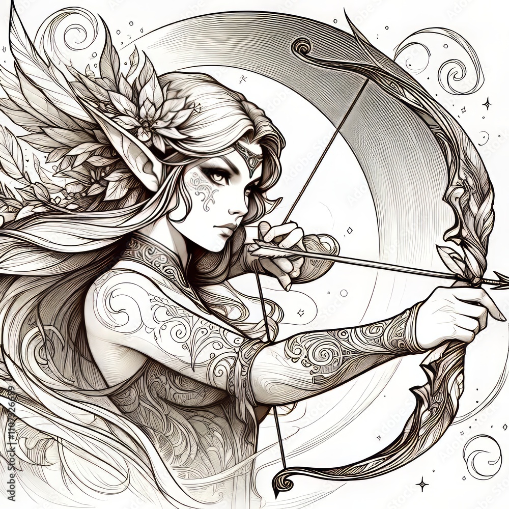 Poster fantasy elf an elf with pointed ears and a bow outlined to captu